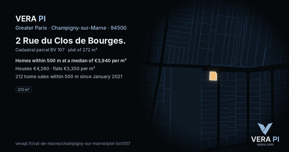 2 Rue du Clos de Bourges, Champigny-sur-Marne at night – the plot lit, the parcels around coloured by the prices near them