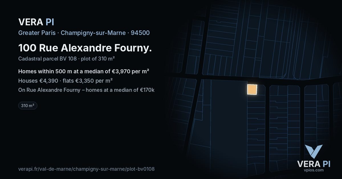 100 Rue Alexandre Fourny, Champigny-sur-Marne at night – the plot lit, the parcels around coloured by the prices near them