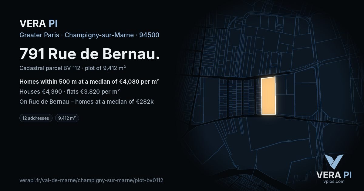 791 Rue de Bernau, Champigny-sur-Marne at night – the plot lit, the parcels around coloured by the prices near them