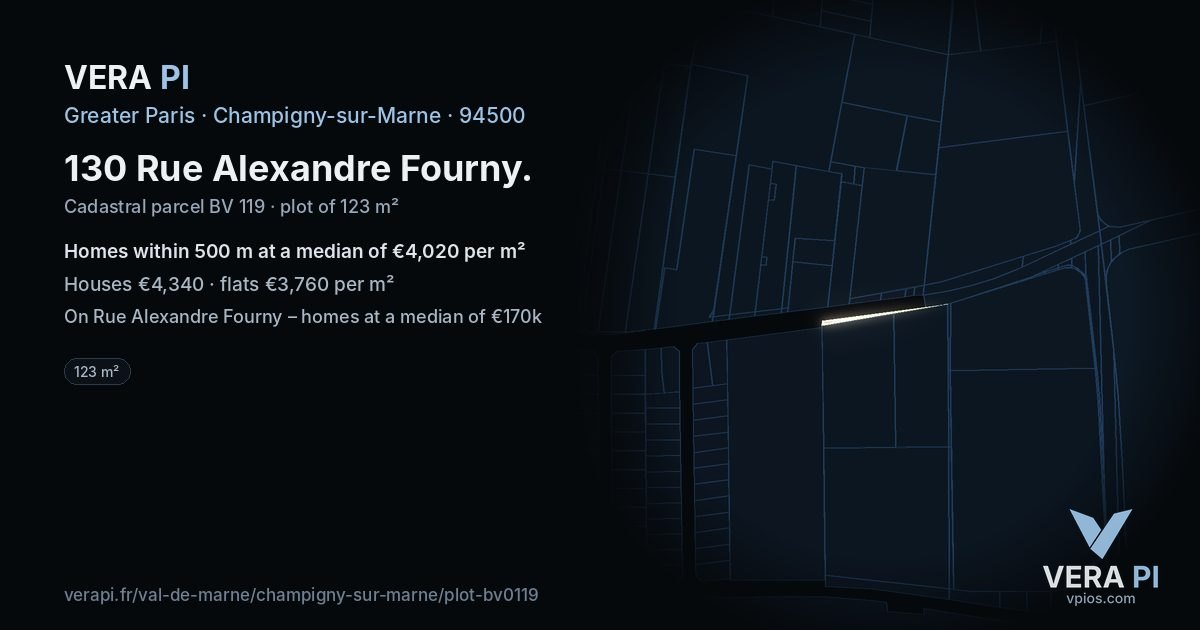 130 Rue Alexandre Fourny, Champigny-sur-Marne at night – the plot lit, the parcels around coloured by the prices near them