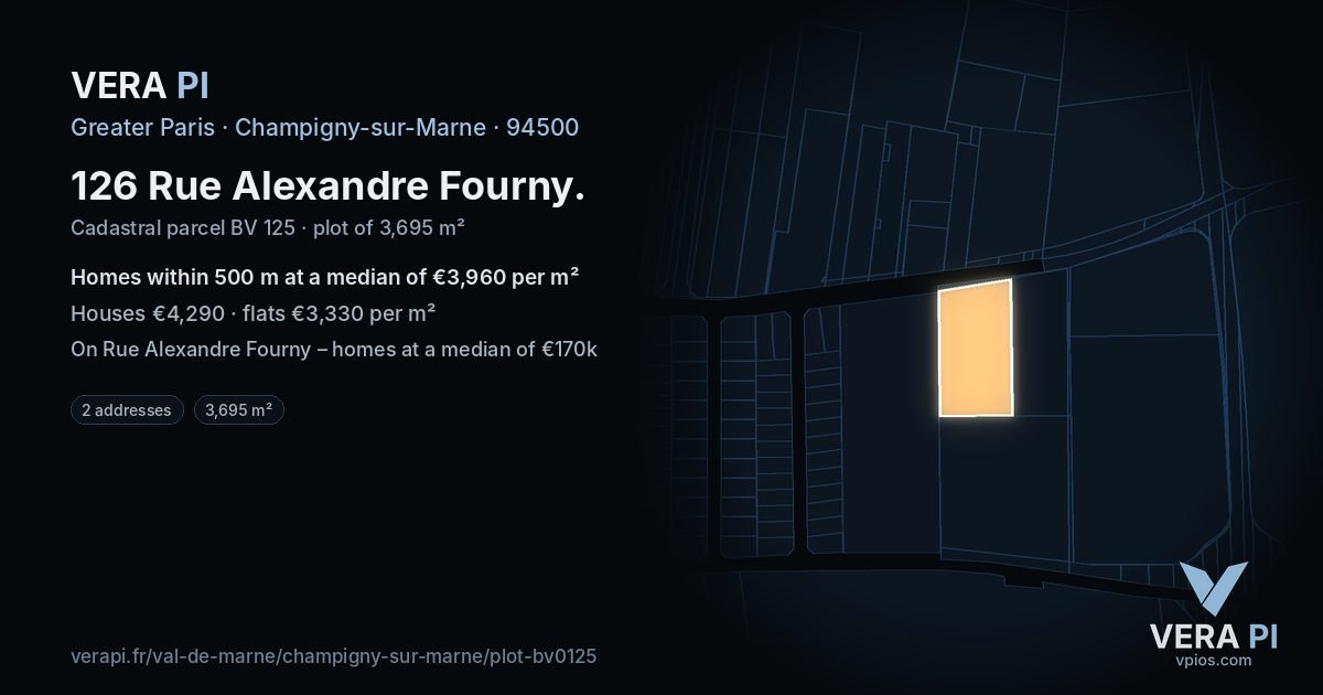 126 Rue Alexandre Fourny, Champigny-sur-Marne at night – the plot lit, the parcels around coloured by the prices near them