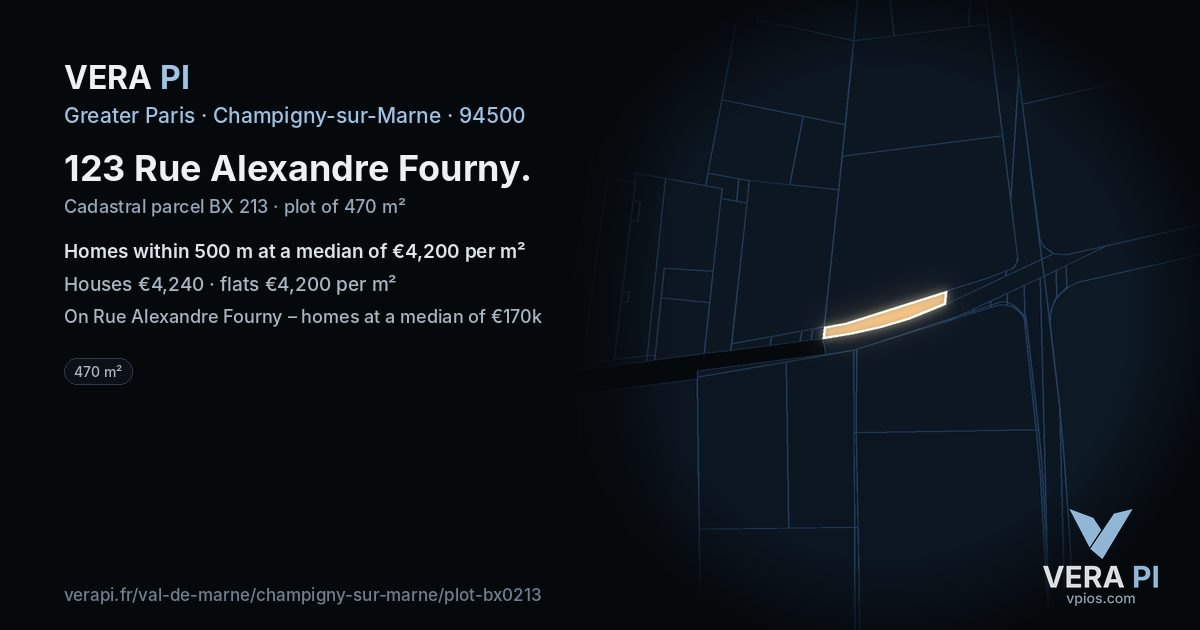 123 Rue Alexandre Fourny, Champigny-sur-Marne at night – the plot lit, the parcels around coloured by the prices near them