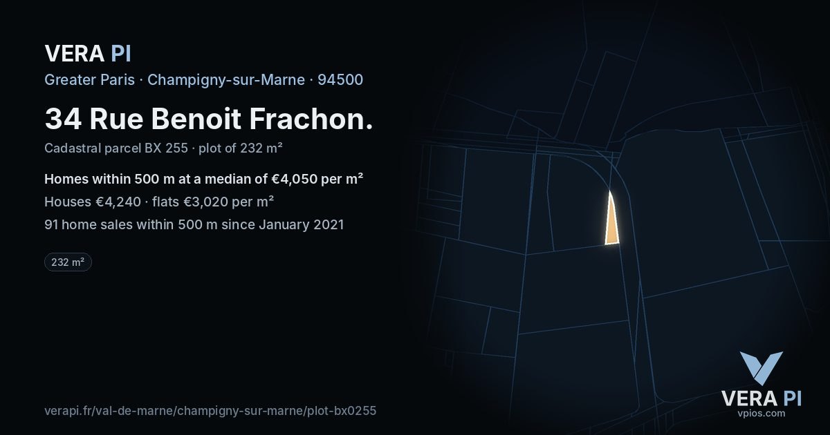 34 Rue Benoit Frachon, Champigny-sur-Marne at night – the plot lit, the parcels around coloured by the prices near them