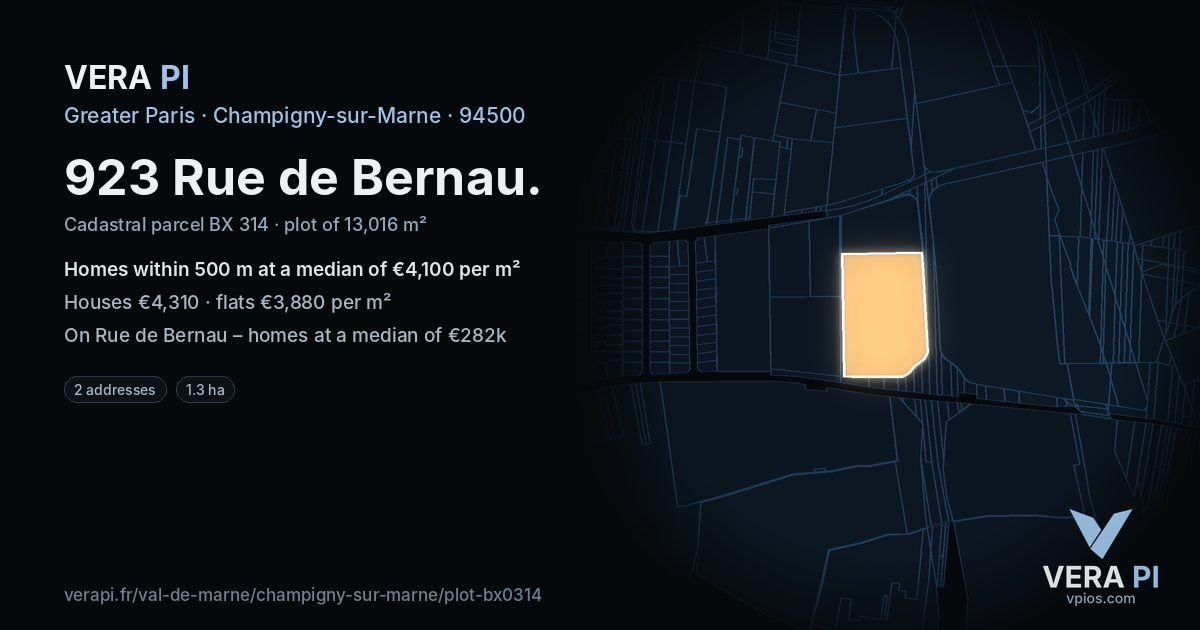 923 Rue de Bernau, Champigny-sur-Marne at night – the plot lit, the parcels around coloured by the prices near them