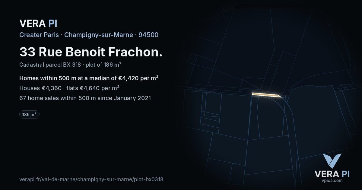 33 Rue Benoit Frachon, Champigny-sur-Marne at night – the plot lit, the parcels around coloured by the prices near them