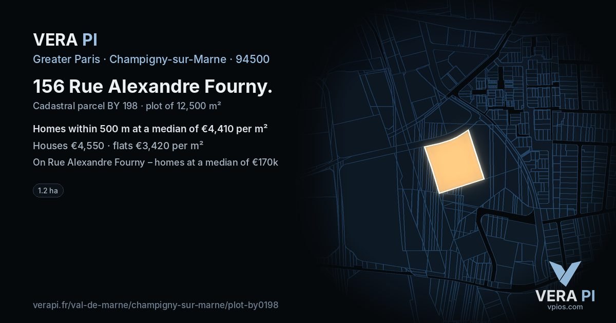 156 Rue Alexandre Fourny, Champigny-sur-Marne at night – the plot lit, the parcels around coloured by the prices near them