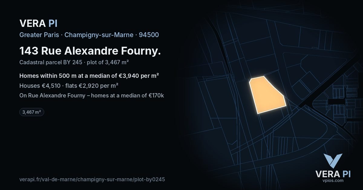 143 Rue Alexandre Fourny, Champigny-sur-Marne at night – the plot lit, the parcels around coloured by the prices near them