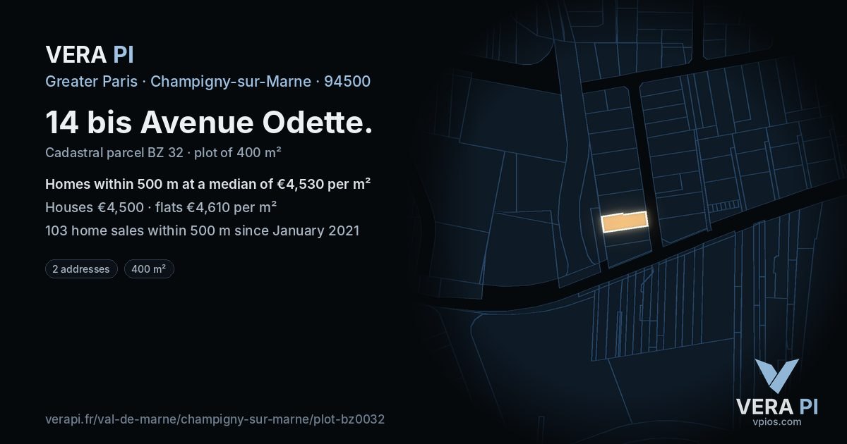 14 bis Avenue Odette, Champigny-sur-Marne at night – the plot lit, the parcels around coloured by the prices near them