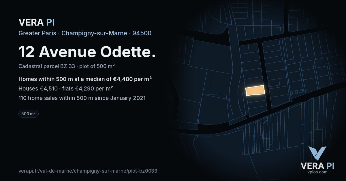 12 Avenue Odette, Champigny-sur-Marne at night – the plot lit, the parcels around coloured by the prices near them