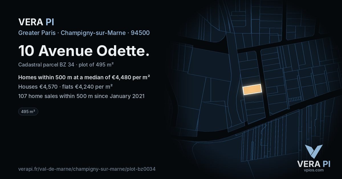 10 Avenue Odette, Champigny-sur-Marne at night – the plot lit, the parcels around coloured by the prices near them