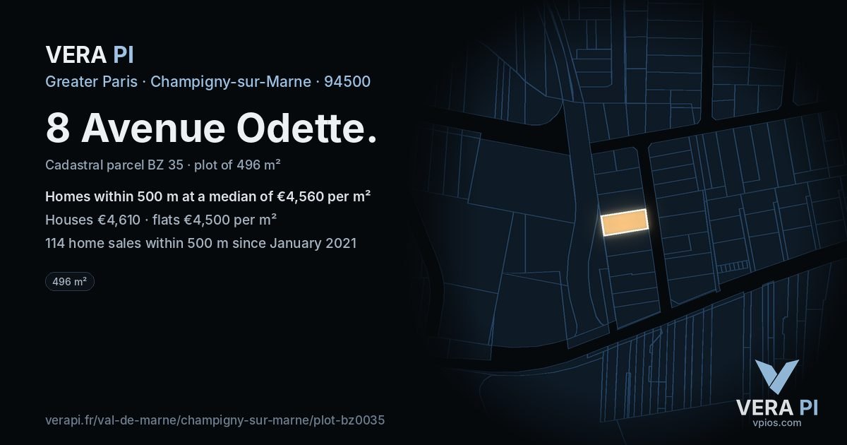 8 Avenue Odette, Champigny-sur-Marne at night – the plot lit, the parcels around coloured by the prices near them