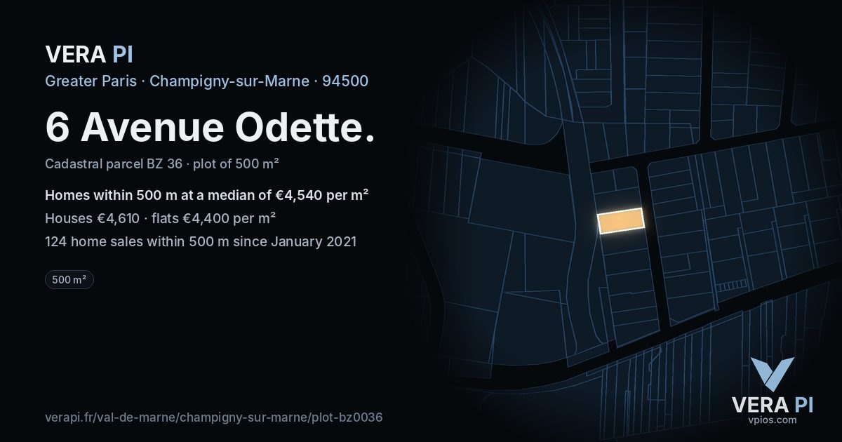 6 Avenue Odette, Champigny-sur-Marne at night – the plot lit, the parcels around coloured by the prices near them