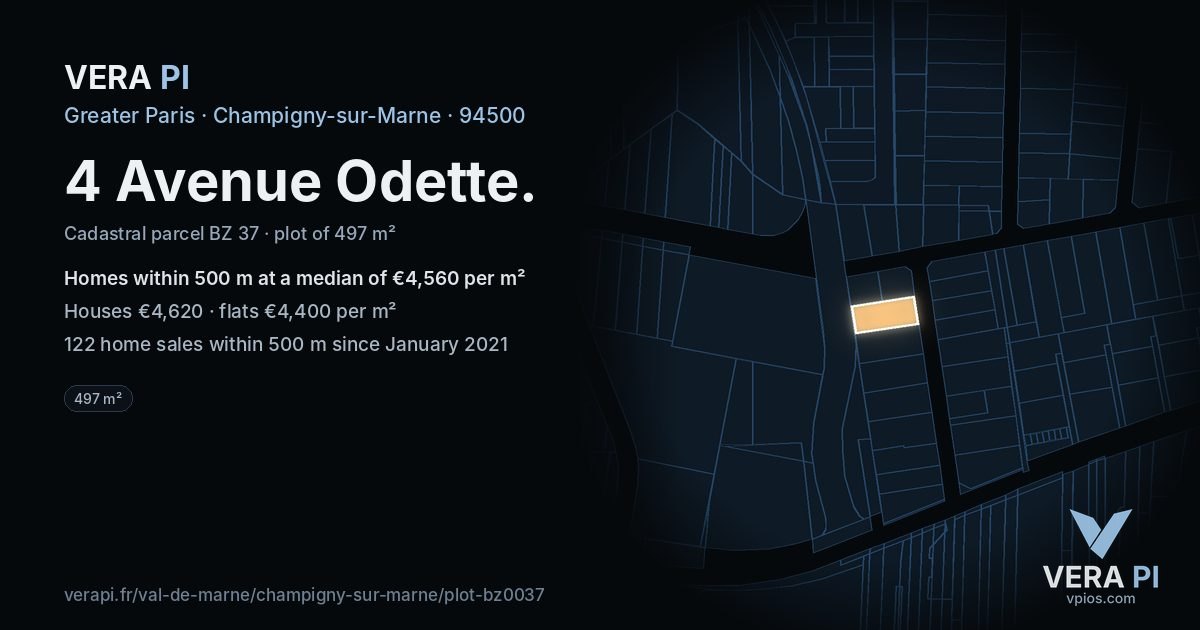 4 Avenue Odette, Champigny-sur-Marne at night – the plot lit, the parcels around coloured by the prices near them