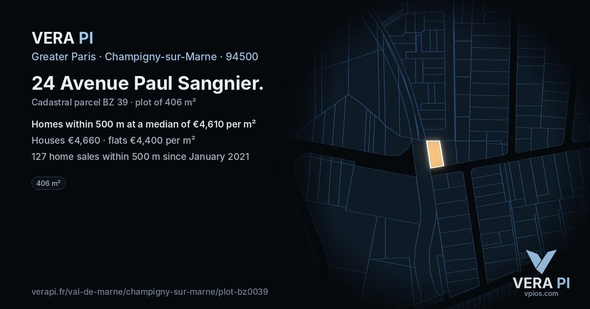 24 Avenue Paul Sangnier, Champigny-sur-Marne at night – the plot lit, the parcels around coloured by the prices near them