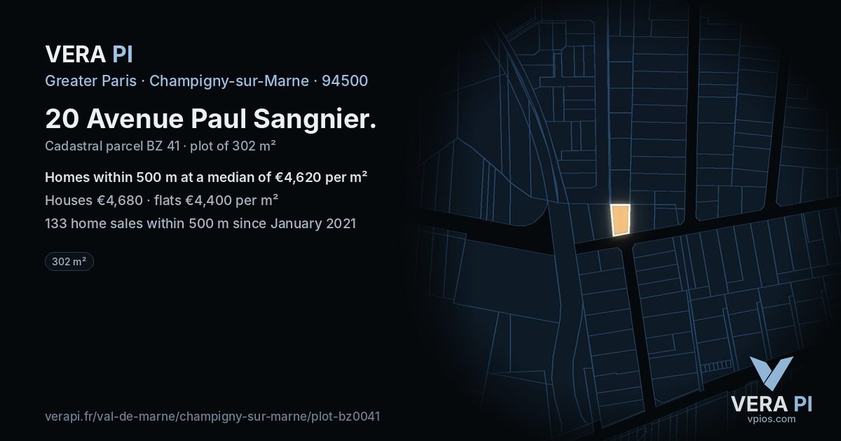 20 Avenue Paul Sangnier, Champigny-sur-Marne at night – the plot lit, the parcels around coloured by the prices near them