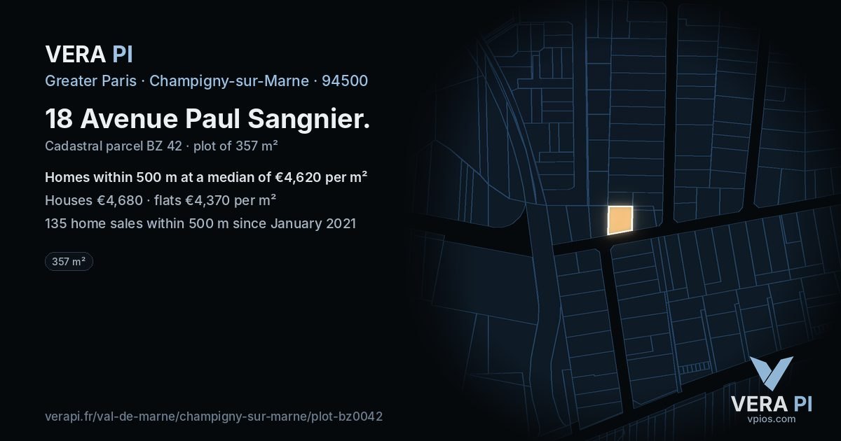 18 Avenue Paul Sangnier, Champigny-sur-Marne at night – the plot lit, the parcels around coloured by the prices near them