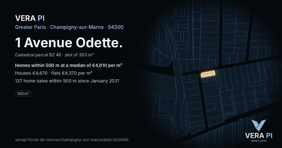 1 Avenue Odette, Champigny-sur-Marne at night – the plot lit, the parcels around coloured by the prices near them
