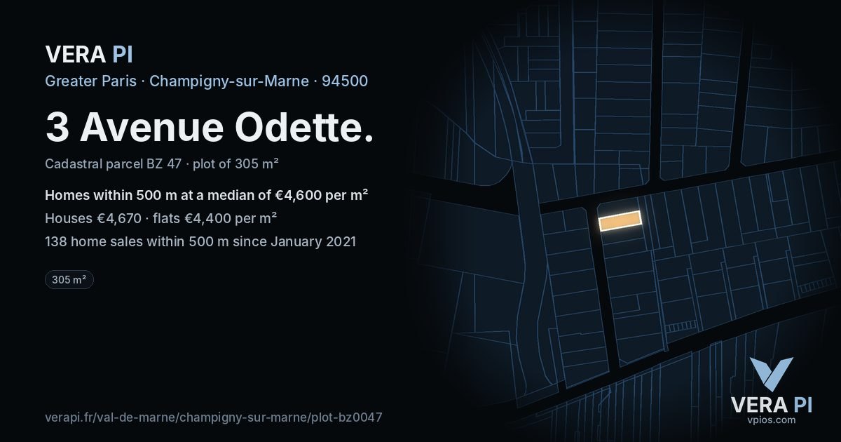 3 Avenue Odette, Champigny-sur-Marne at night – the plot lit, the parcels around coloured by the prices near them