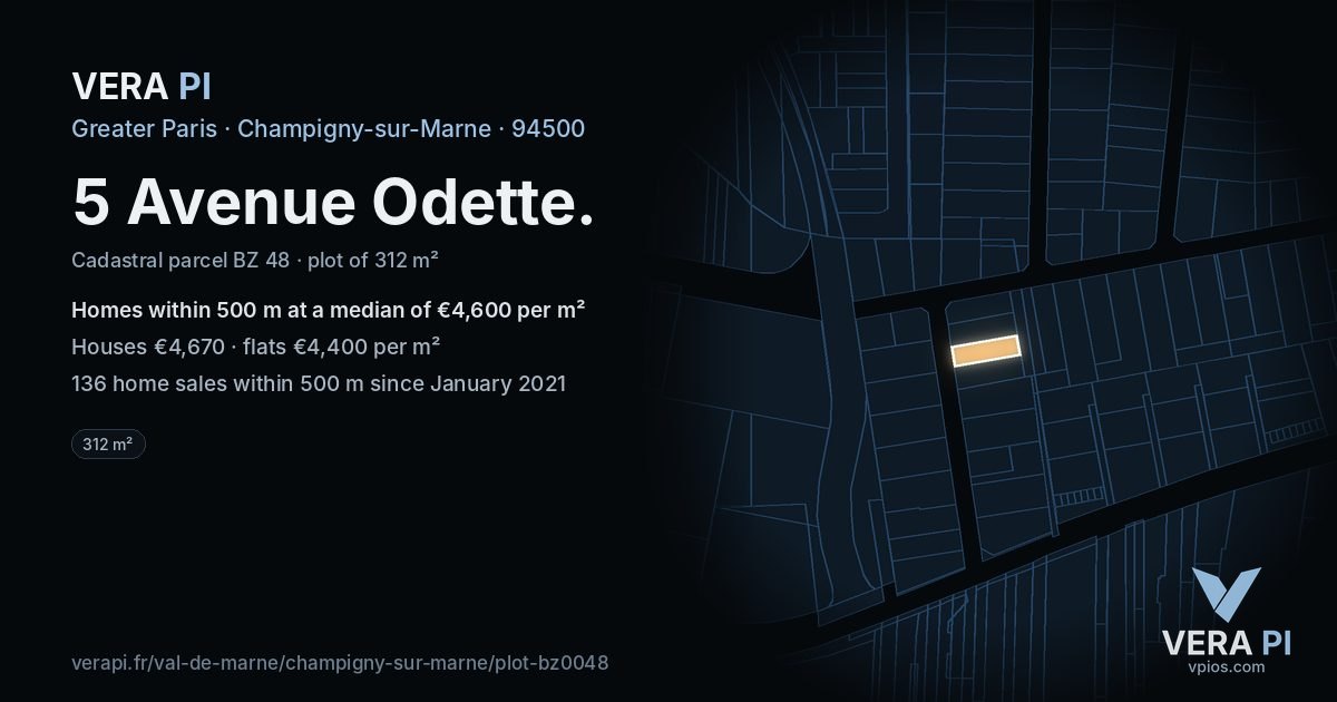 5 Avenue Odette, Champigny-sur-Marne at night – the plot lit, the parcels around coloured by the prices near them