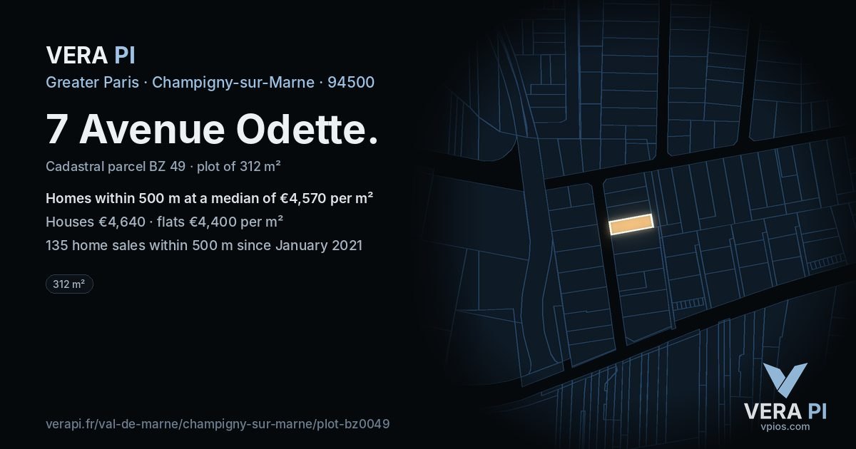 7 Avenue Odette, Champigny-sur-Marne at night – the plot lit, the parcels around coloured by the prices near them