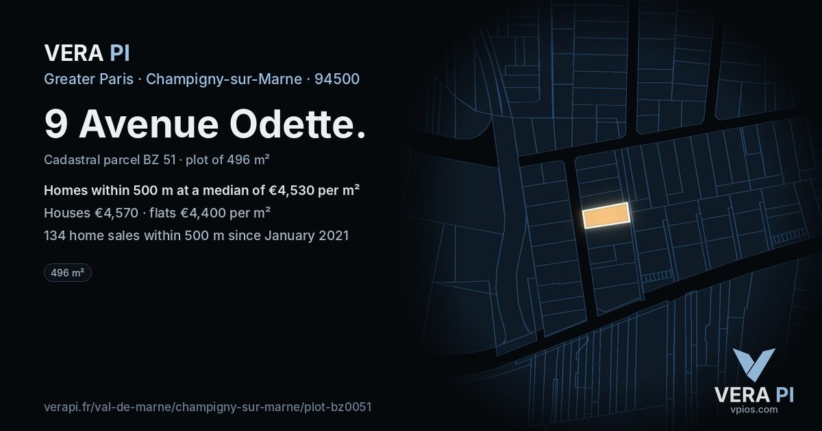 9 Avenue Odette, Champigny-sur-Marne at night – the plot lit, the parcels around coloured by the prices near them