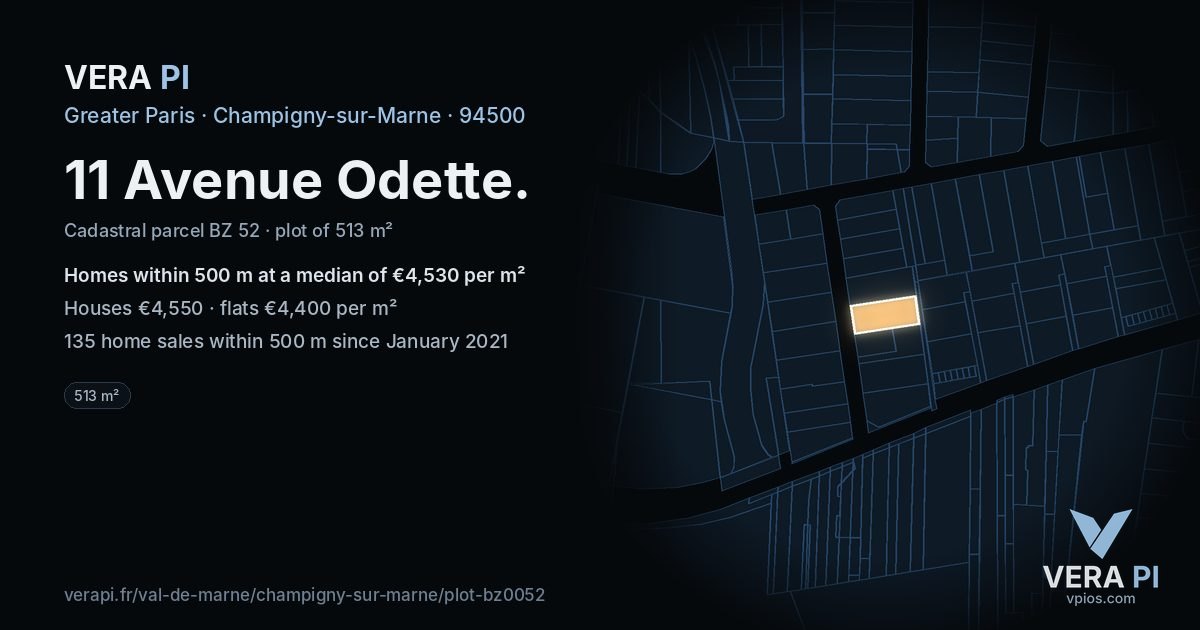 11 Avenue Odette, Champigny-sur-Marne at night – the plot lit, the parcels around coloured by the prices near them