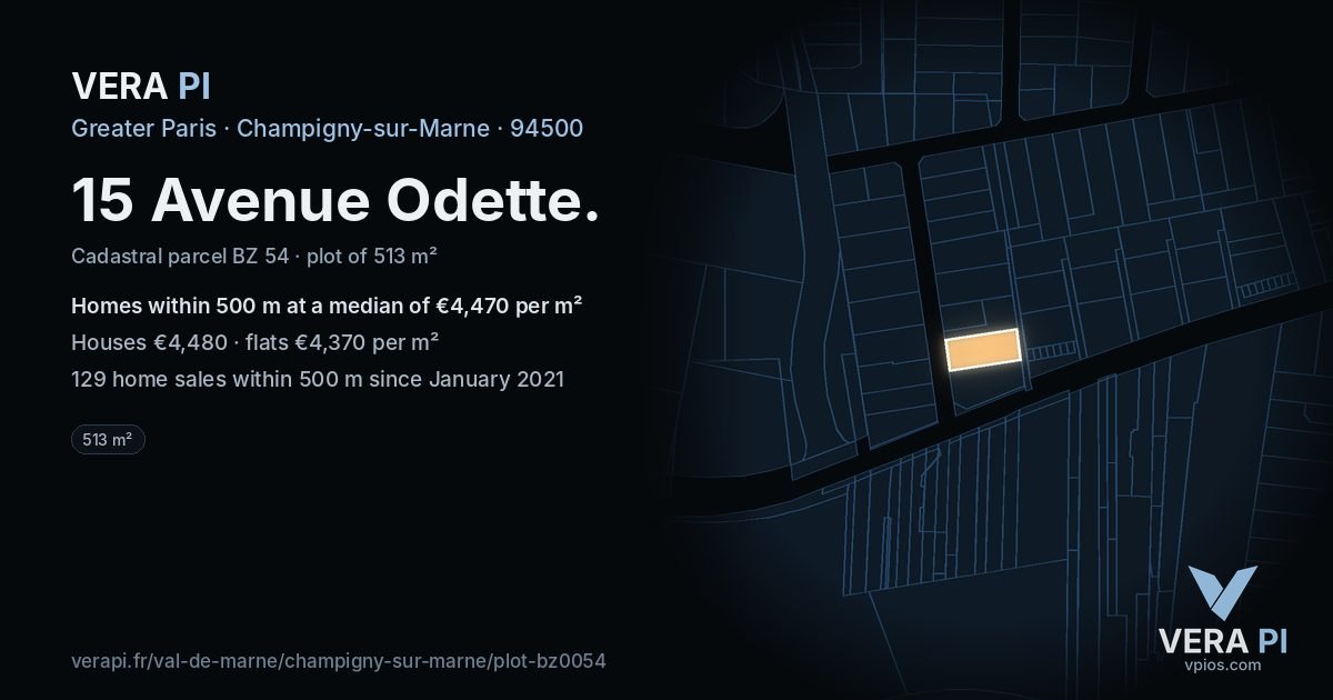 15 Avenue Odette, Champigny-sur-Marne at night – the plot lit, the parcels around coloured by the prices near them