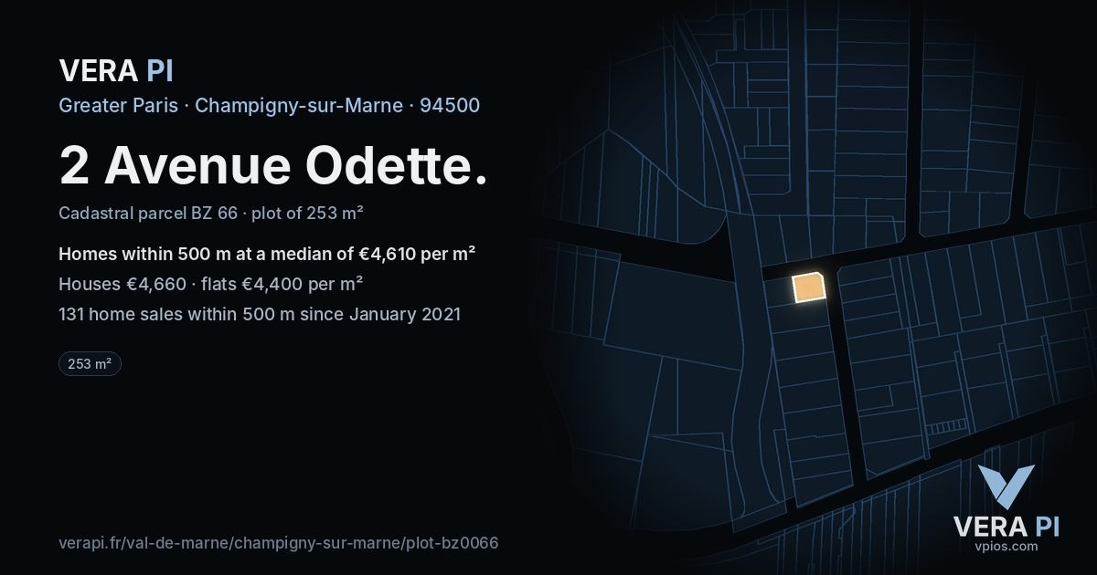 2 Avenue Odette, Champigny-sur-Marne at night – the plot lit, the parcels around coloured by the prices near them