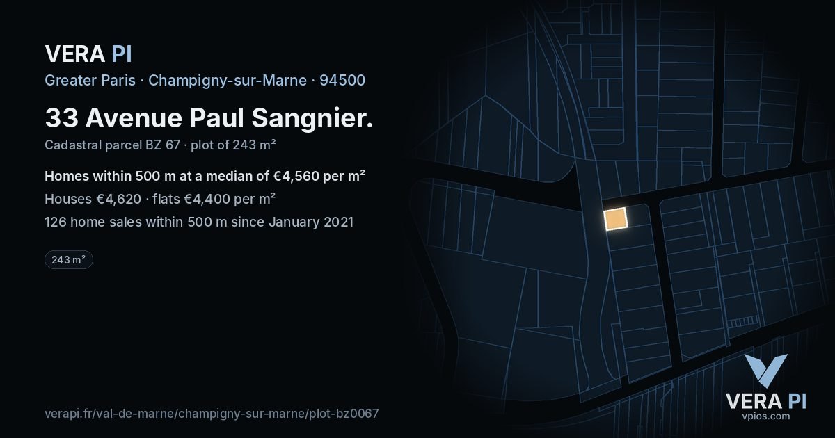 33 Avenue Paul Sangnier, Champigny-sur-Marne at night – the plot lit, the parcels around coloured by the prices near them