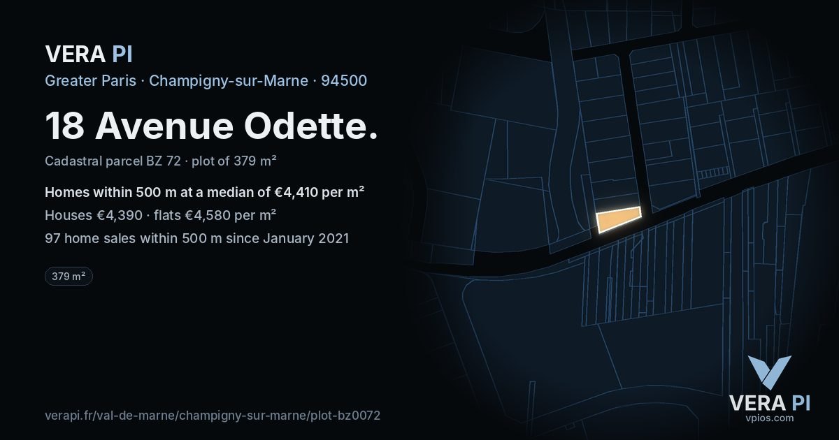 18 Avenue Odette, Champigny-sur-Marne at night – the plot lit, the parcels around coloured by the prices near them