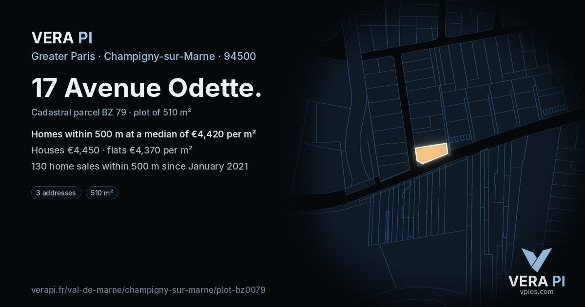 17 Avenue Odette, Champigny-sur-Marne at night – the plot lit, the parcels around coloured by the prices near them