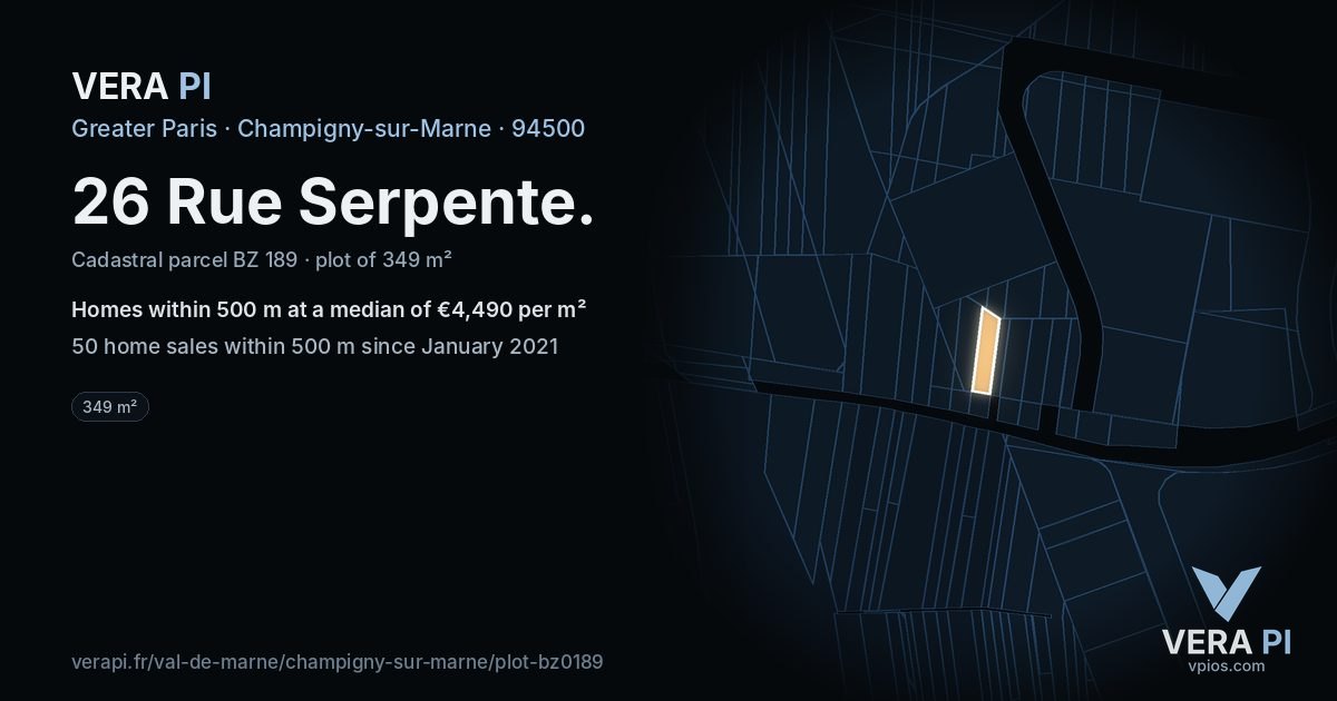 26 Rue Serpente, Champigny-sur-Marne at night – the plot lit, the parcels around coloured by the prices near them
