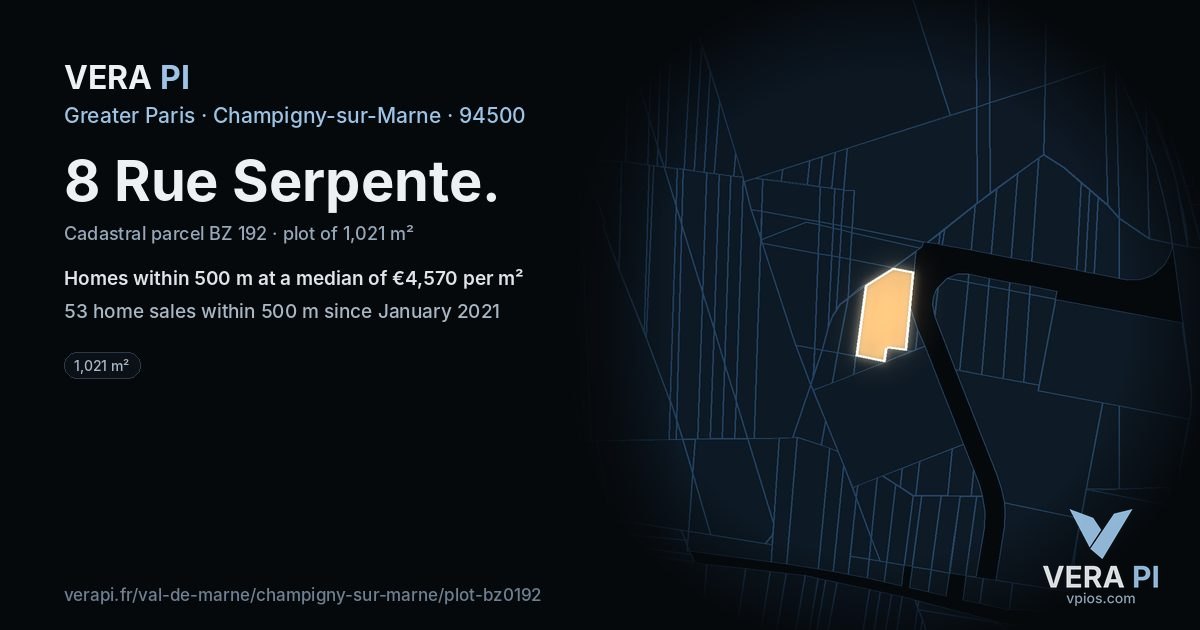 8 Rue Serpente, Champigny-sur-Marne at night – the plot lit, the parcels around coloured by the prices near them