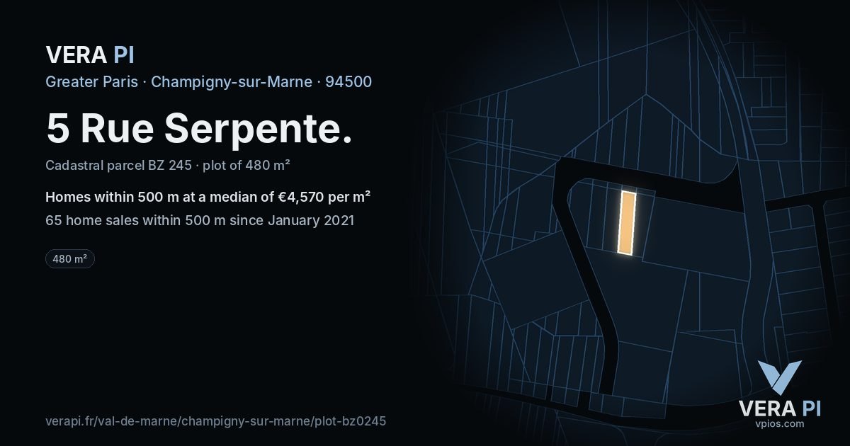 5 Rue Serpente, Champigny-sur-Marne at night – the plot lit, the parcels around coloured by the prices near them