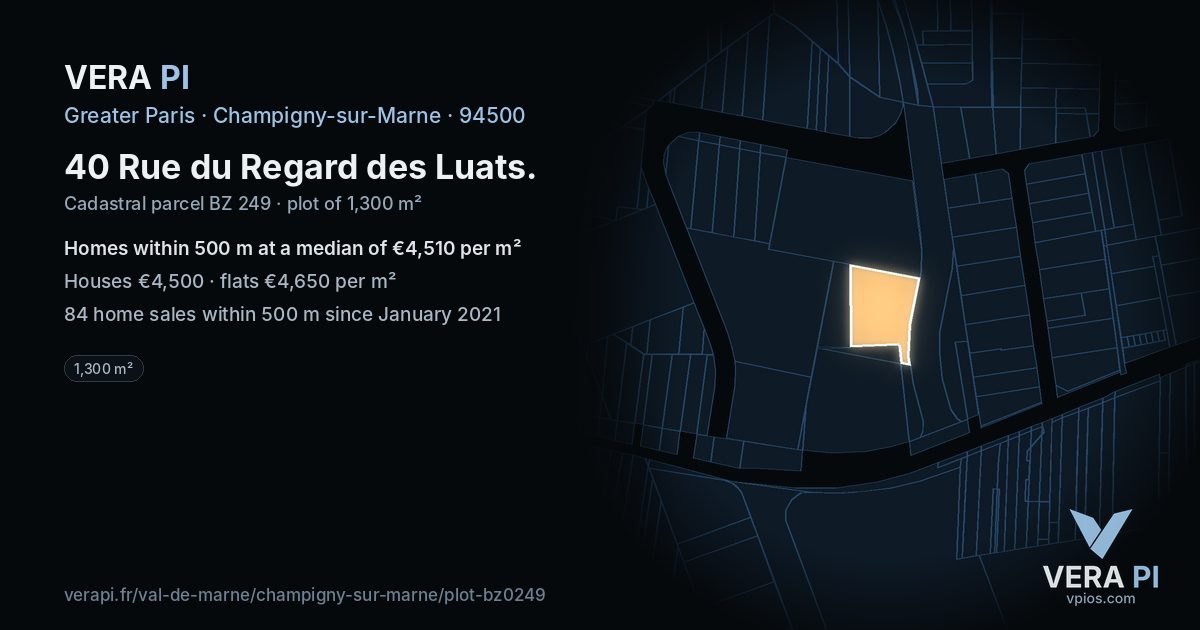 40 Rue du Regard des Luats, Champigny-sur-Marne at night – the plot lit, the parcels around coloured by the prices near them