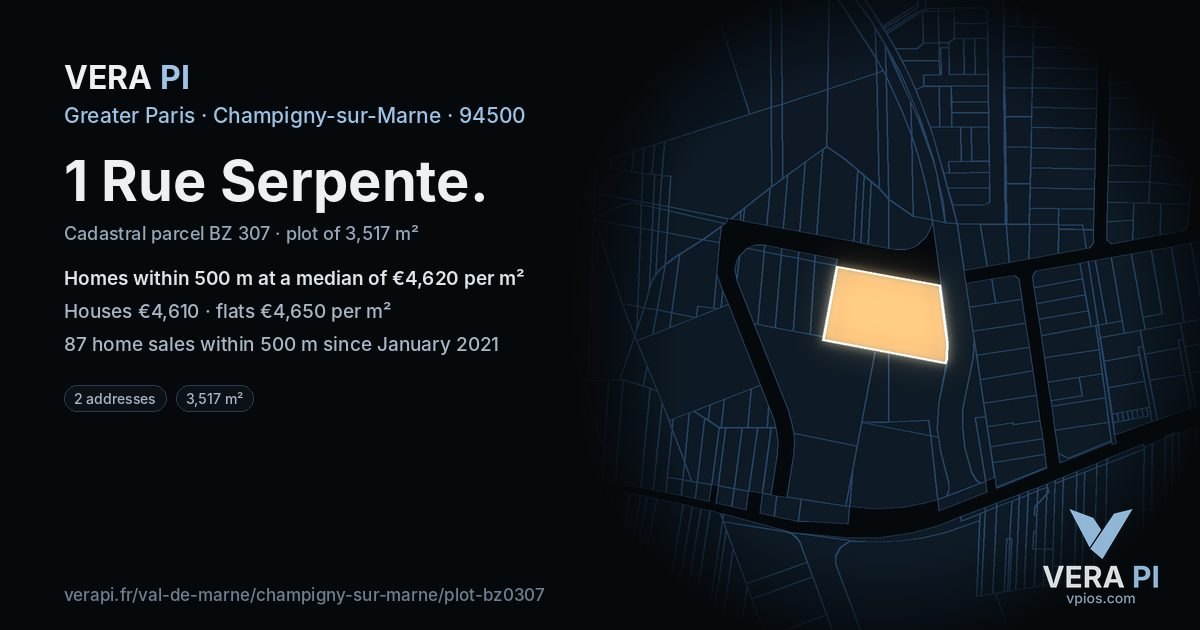 1 Rue Serpente, Champigny-sur-Marne at night – the plot lit, the parcels around coloured by the prices near them