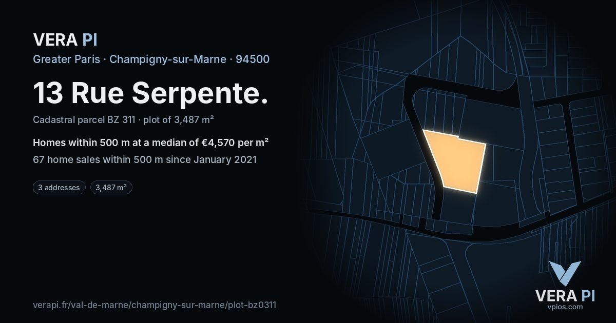13 Rue Serpente, Champigny-sur-Marne at night – the plot lit, the parcels around coloured by the prices near them