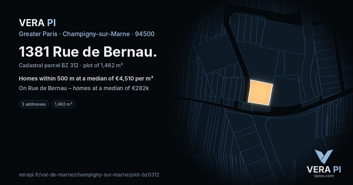 1381 Rue de Bernau, Champigny-sur-Marne at night – the plot lit, the parcels around coloured by the prices near them
