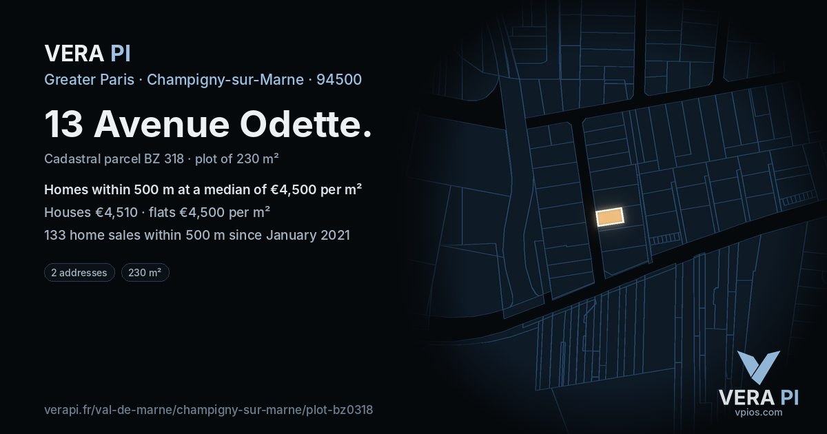 13 Avenue Odette, Champigny-sur-Marne at night – the plot lit, the parcels around coloured by the prices near them