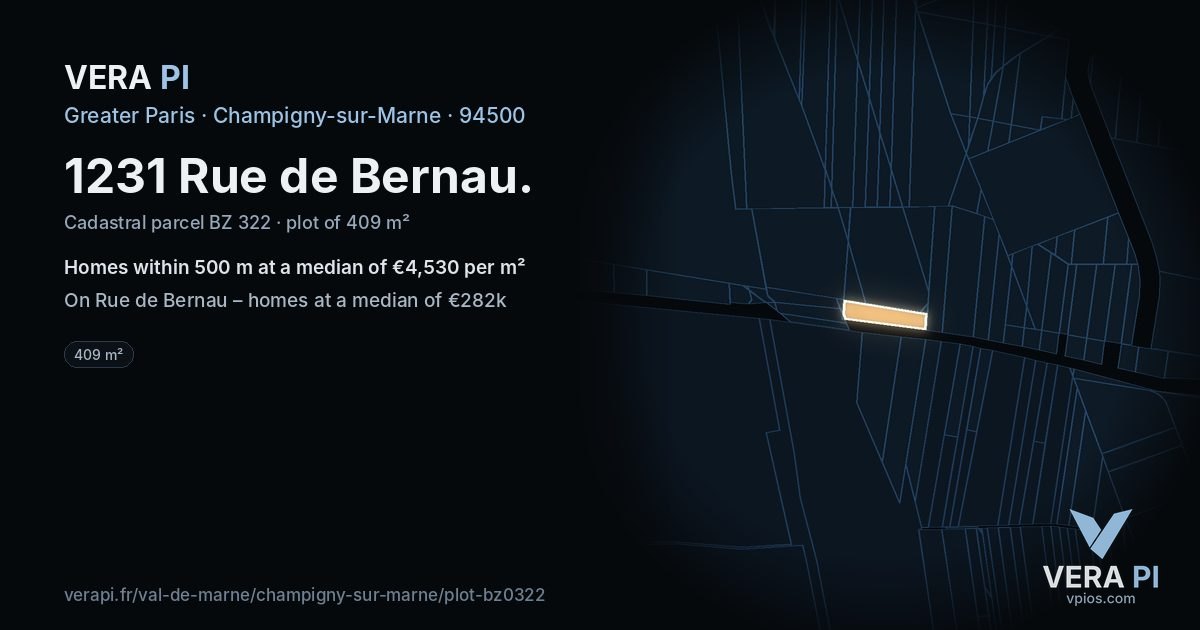 1231 Rue de Bernau, Champigny-sur-Marne at night – the plot lit, the parcels around coloured by the prices near them