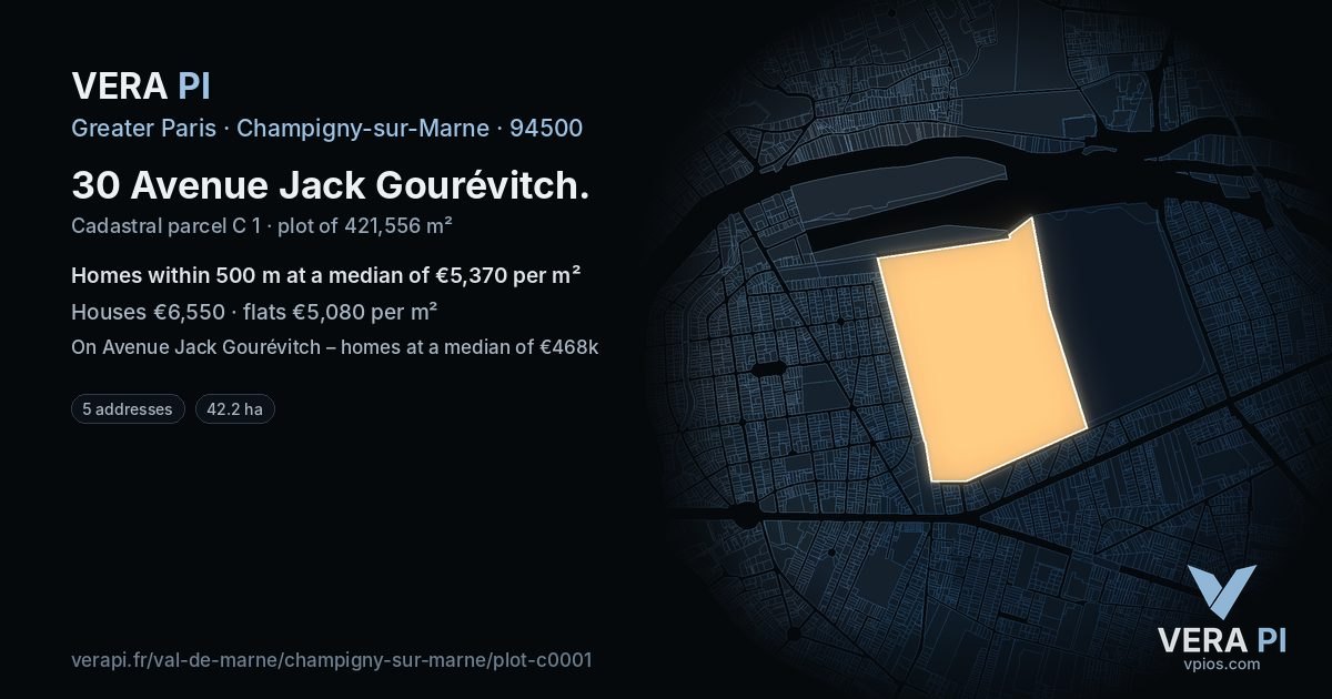 30 Avenue Jack Gourévitch, Champigny-sur-Marne at night – the plot lit, the parcels around coloured by the prices near them