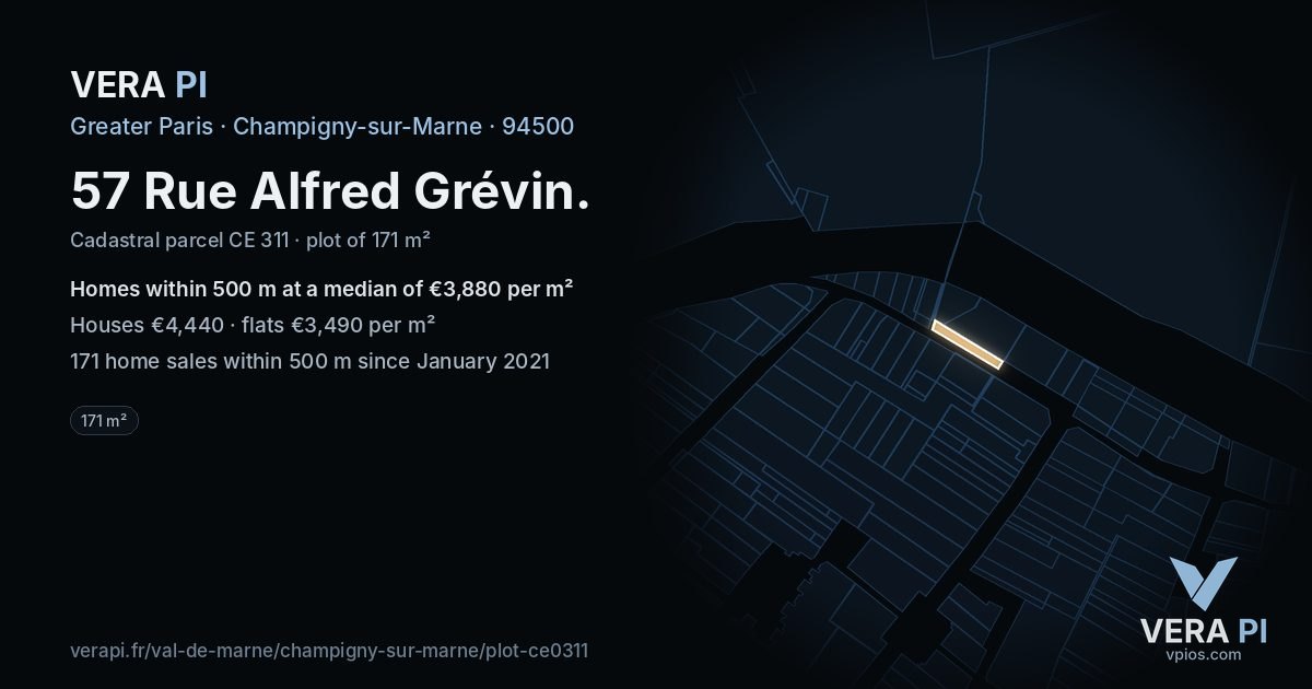 57 Rue Alfred Grévin, Champigny-sur-Marne at night – the plot lit, the parcels around coloured by the prices near them