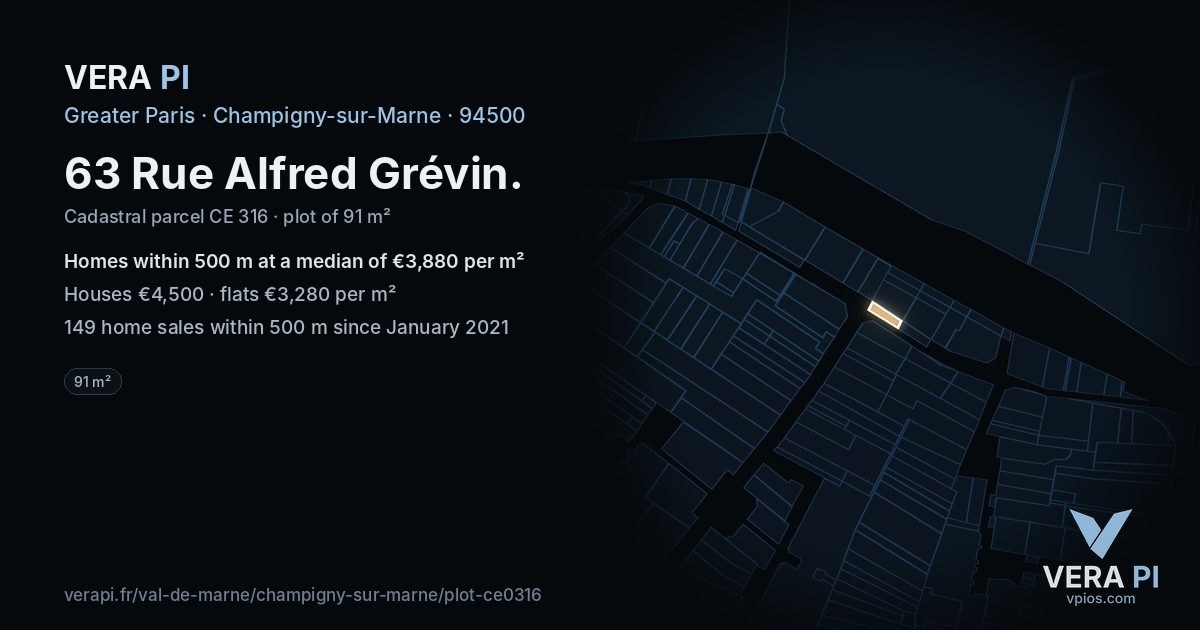 63 Rue Alfred Grévin, Champigny-sur-Marne at night – the plot lit, the parcels around coloured by the prices near them