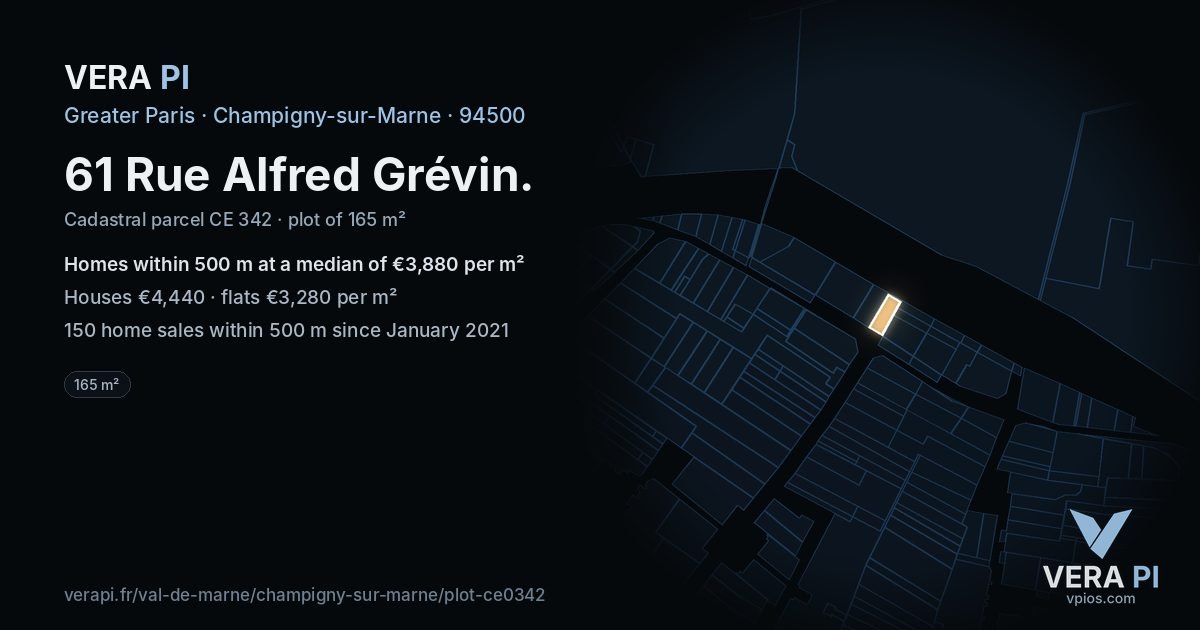 61 Rue Alfred Grévin, Champigny-sur-Marne at night – the plot lit, the parcels around coloured by the prices near them