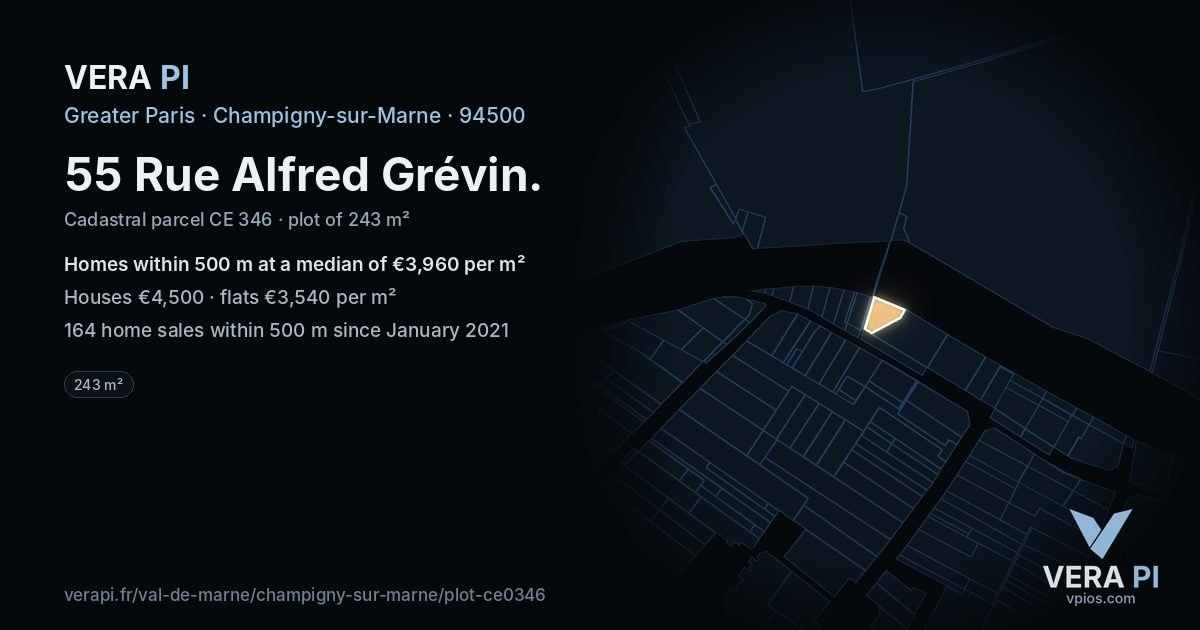 55 Rue Alfred Grévin, Champigny-sur-Marne at night – the plot lit, the parcels around coloured by the prices near them
