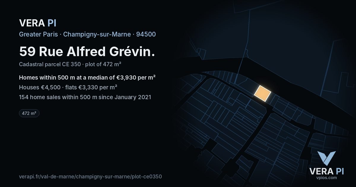 59 Rue Alfred Grévin, Champigny-sur-Marne at night – the plot lit, the parcels around coloured by the prices near them
