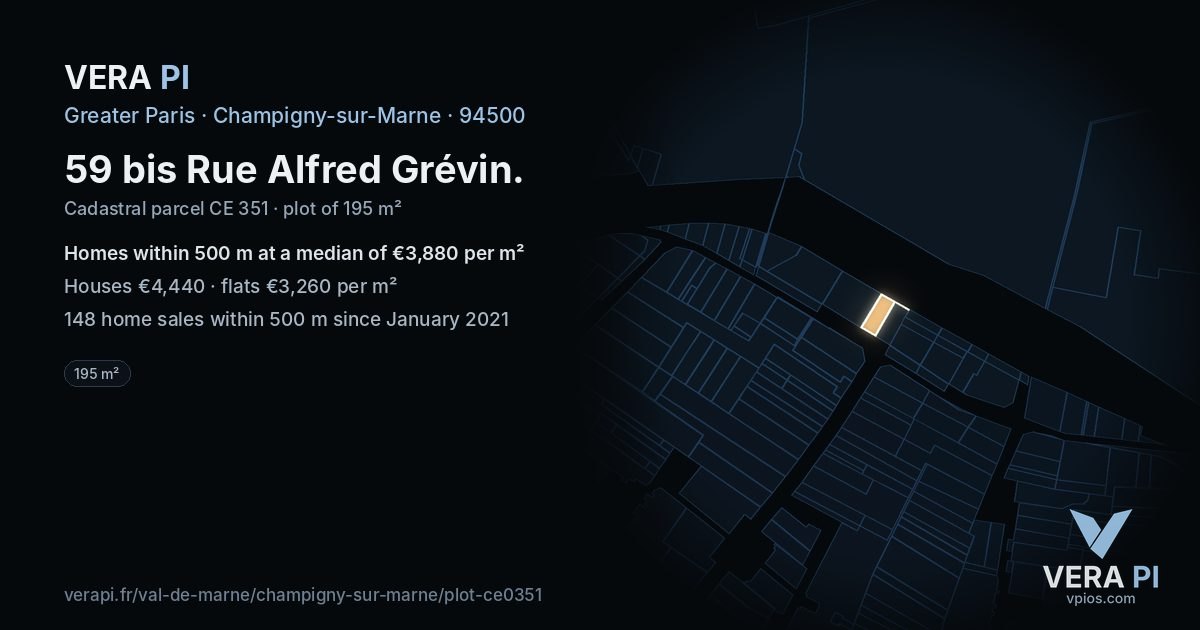 59 bis Rue Alfred Grévin, Champigny-sur-Marne at night – the plot lit, the parcels around coloured by the prices near them