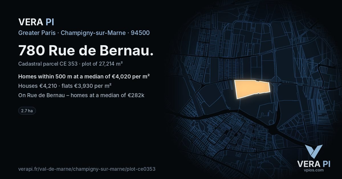 780 Rue de Bernau, Champigny-sur-Marne at night – the plot lit, the parcels around coloured by the prices near them