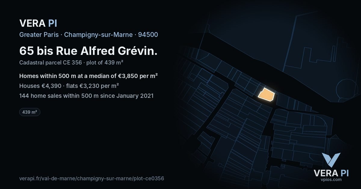 65 bis Rue Alfred Grévin, Champigny-sur-Marne at night – the plot lit, the parcels around coloured by the prices near them