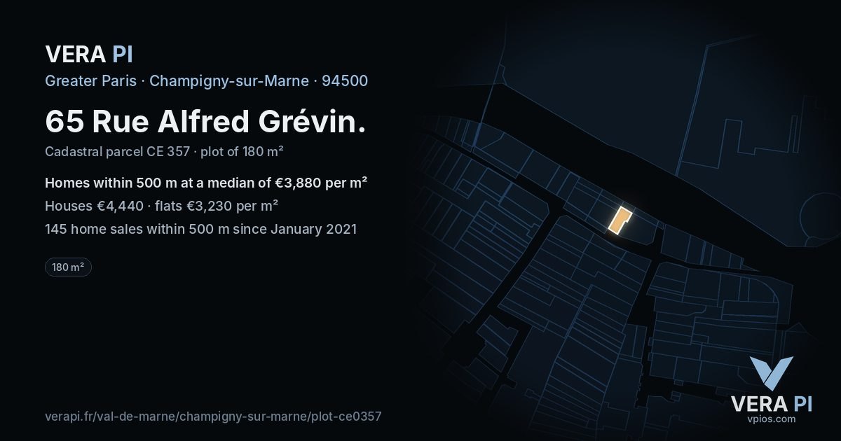 65 Rue Alfred Grévin, Champigny-sur-Marne at night – the plot lit, the parcels around coloured by the prices near them